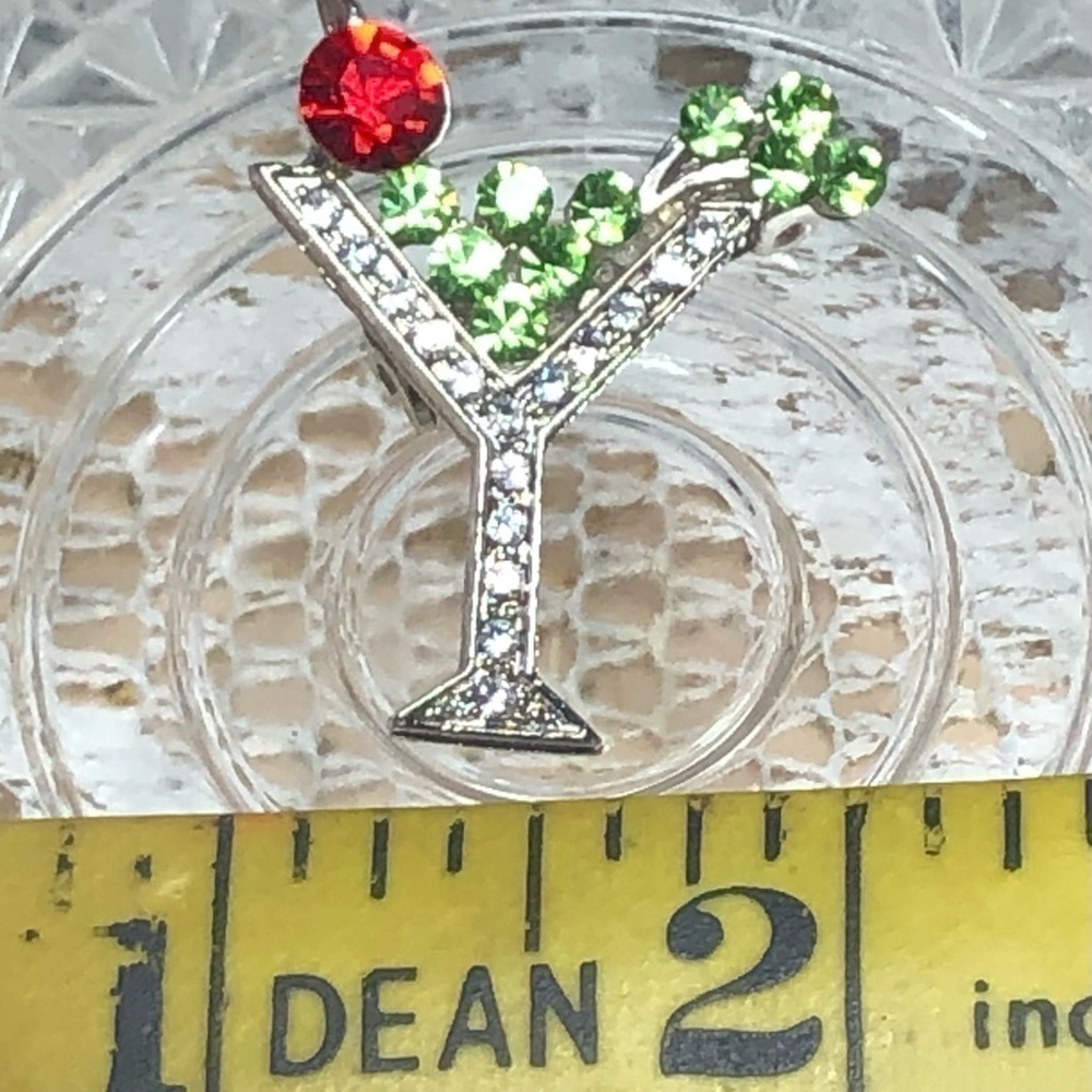 MARTINI Brooch Pin Silver Tone Red Green Clear Rhinestones 1” - Picture 5 of 5